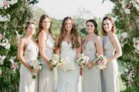 18 neutral mismatching maxi bridesmaid dresses will help the gals feel more comfortable on a hot day