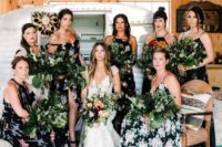20 dark floral bridesmaid dresses with spaghetti straps or halter necklines for a boho jungalow look
