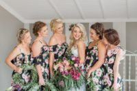 21 dark floral cold shoulder maxi bridesmaid dresses with ruffles are a chic and non-typical idea for a tropical wedding