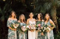 22 mismatching tropical print maxi bridesmaid dresses with straps and off the shoulder necklines