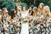 24 matching thick strap maxi bridesmaid dresses with tropical leaf prints are a timeless idea for a tropical wedding