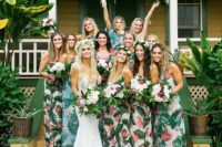 25 mismatching bold tropical print maxi dresses are great for a 70s tropical wedding
