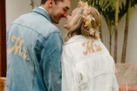 a blue denim jacket personalized with gold MR letters is a cool and easy DIY idea for a lovely groom’s look