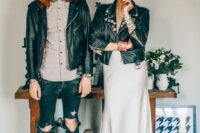 a unique groom’s look with a grey shirt, black jeans, a black leather jacket and black sneakers is fun