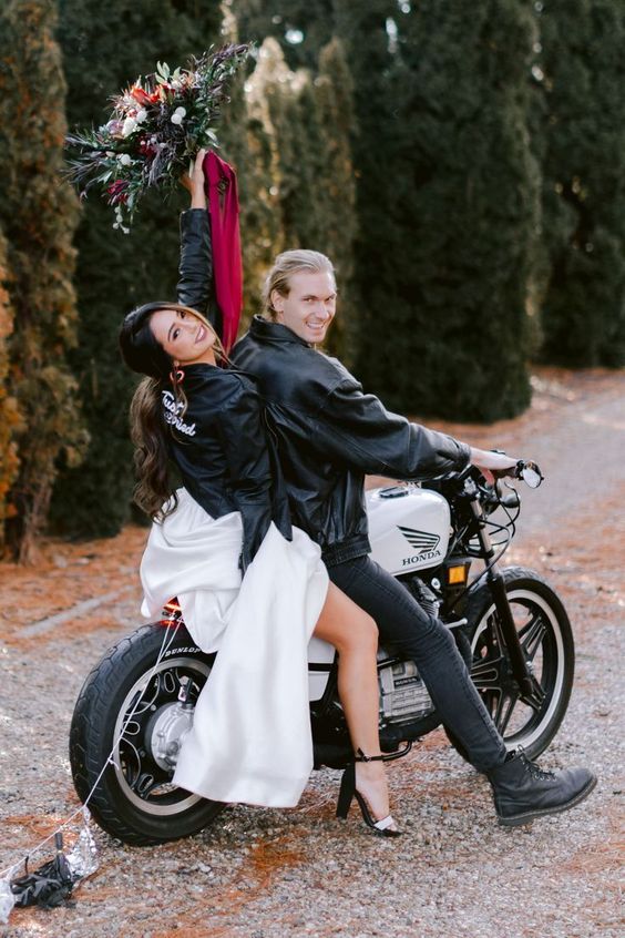 black leather jackets for the couple are a great idea, especially if it's a biker's wedding