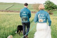 blue denim jackets boldly personalized for the couple are amazing to spruce up the wedding looks