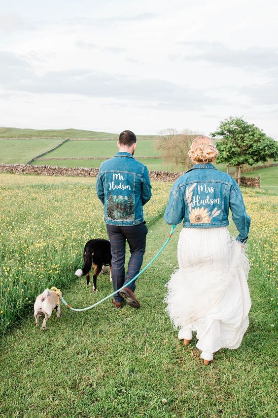 blue denim jackets boldly personalized for the couple are amazing to spruce up the wedding looks