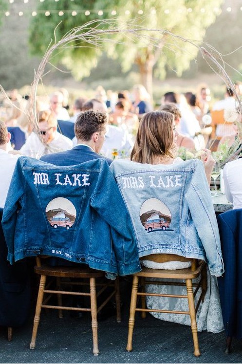cute blue matching denim jacket for both is a fun idea to mark your chairs and shoot some portraits