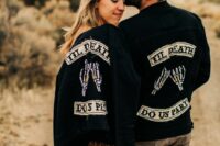 matching and personalized black denim jackets for both guys will make thei wedding looks cooler