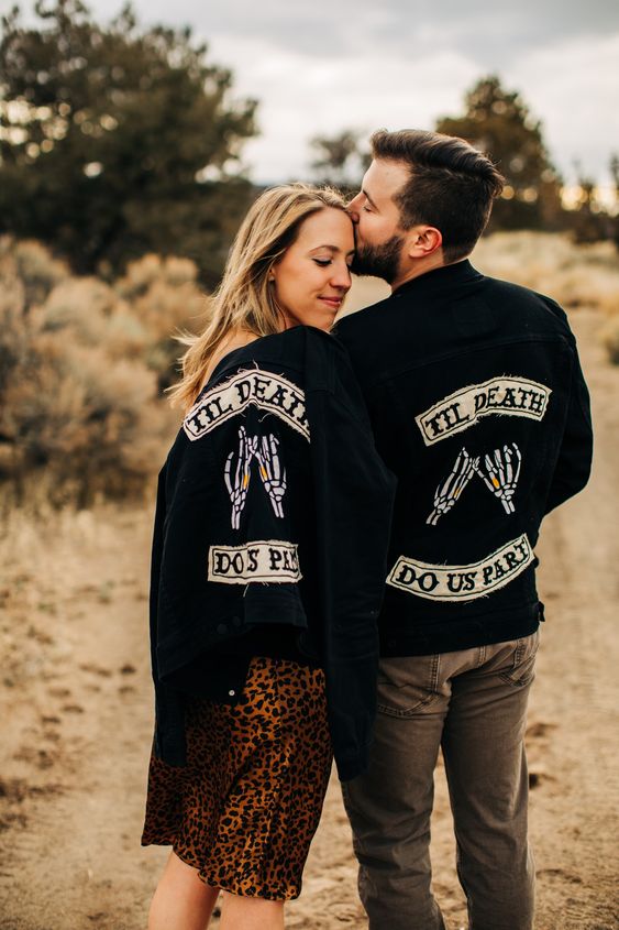 matching and personalized black denim jackets for both guys will make thei wedding looks cooler