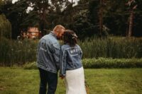 matching blue denim jackets with a bit of personalizing are great to add interest to wedding looks