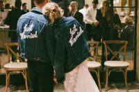matching blue denim jackets with calligraphy are great to style your wedding looks, they are cool and lovely