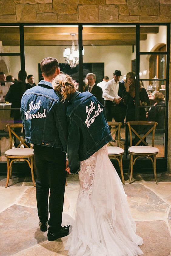 matching blue denim jackets with calligraphy are great to style your wedding looks, they are cool and lovely