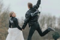 matching personalized black leather jackets will give an edge to your wedding looks and make them stand out