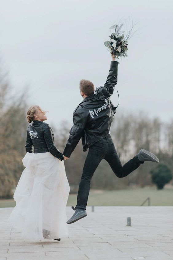 matching personalized black leather jackets will give an edge to your wedding looks and make them stand out