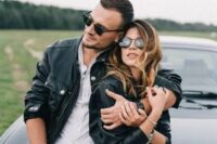 simple black leather jackets give the couple a cohesive look and make it bolder, edgier and more modern