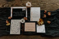 02 The wedding invitation suite was done in black, white and earthy tones, with calligraphy and a hand painted map