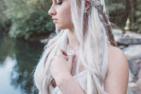 02 this bridal look is inspired by the bridal look of Daenerys marrying drogo, with a braided half updo and a tender draped blush wedding dress