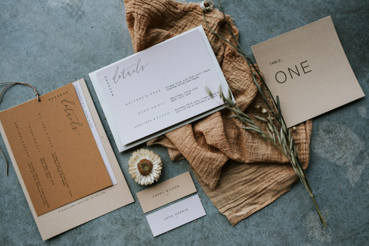 The elegant wedding stationery was done in earthy tones and with simple lettering