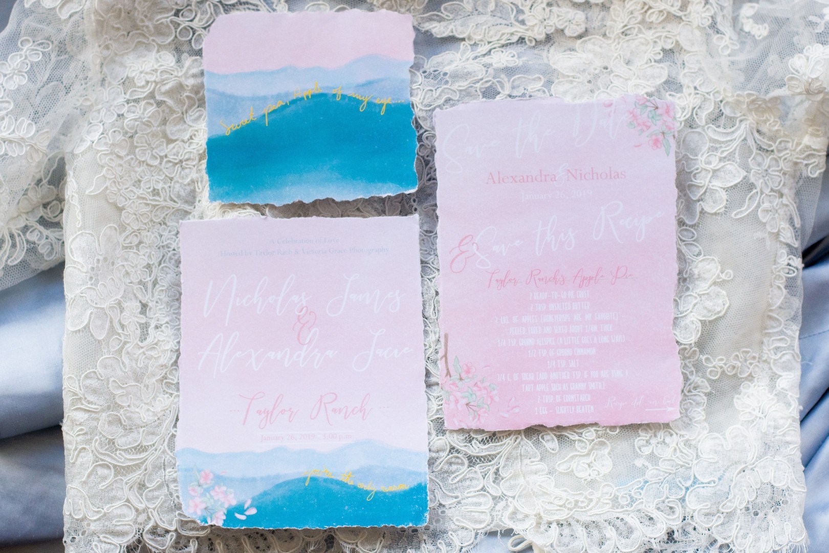 The wedding stationary was done with watercolors and in pink and blue