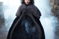 08 a total black groom’s outfit with a fur coverup is a gorgeous idea for a modern take on Jon Snow’s look
