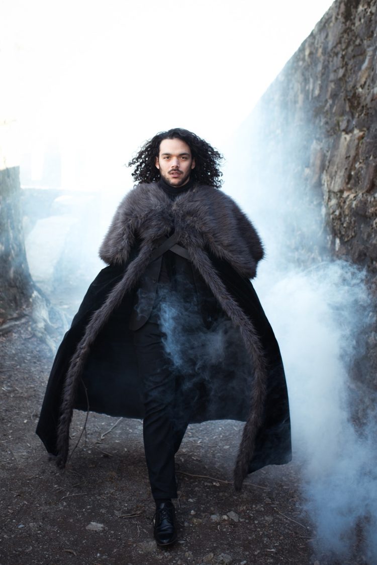 a total black groom's outfit with a fur coverup is a gorgeous idea for a modern take on Jon Snow's look