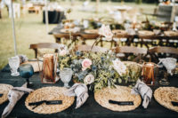 09 Wicker placemats, lush floral centerpieces, copper candles and neutral napkins created a cool boho look