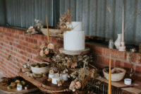 a stylish boho wedding dessert table decor
