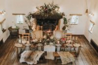 17 luxurious venue decor with textural greenery, fruits and blooms, candles and faux fur plus delicious food