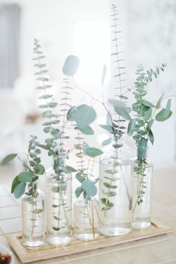 a minimalist wedding centerpiece with clear vases and fresh eucalyptus is a stylish and refreshing idea