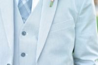 28 a refreshing groom outfit with a light blue thin stripe three-piece suit, a white shirt and a printed tie plus a yellow boutonniere