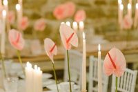 a chic wedding tablescape with single anthurium centerpieces and tall and thin candles is adorable for a wedding
