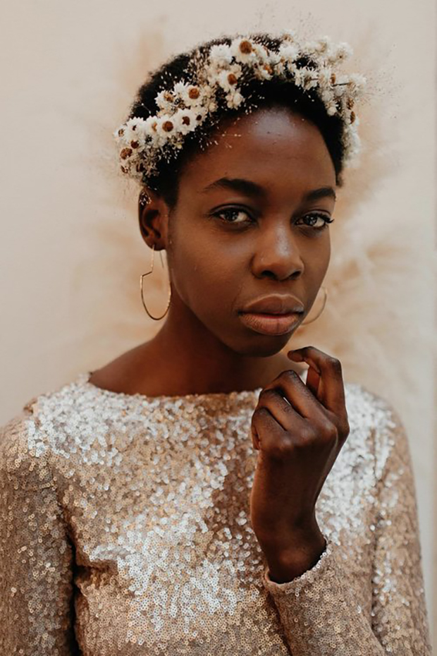 a dried floral crown is an idea option for a hot weather wedding, your blooms won't wither