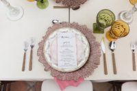 10 The place settings were done with beautiful rose gold chargers, floral plates, colored glasses, wooden cutlery