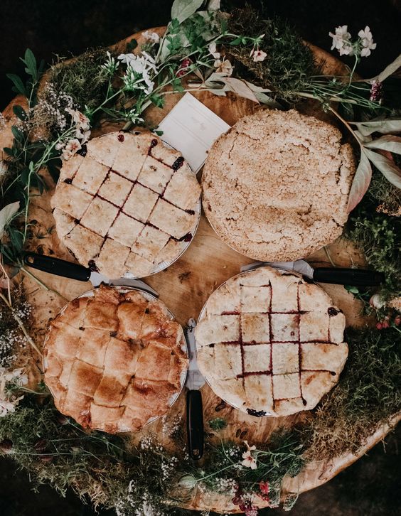 an assortment of homemade pies is a lovely idea for a wedding, you can substitute a usual wedding cake