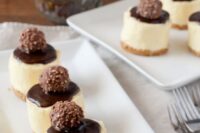 bite-size cheesecakes with chocolate and Ferrero Rocher on top is a delicious and out-of-the-box combo