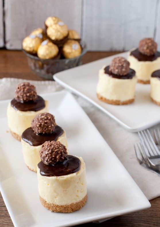 bite-size cheesecakes with chocolate and Ferrero Rocher on top is a delicious and out-of-the-box combo