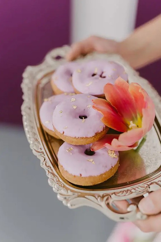 super delicate and chic lilac glaze donuts with gold foil are amazing for any wedding, especially for spring or summer one