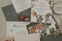 02 The wedding invitation suite was done in grey, with botanical prints and elegant calligraphy