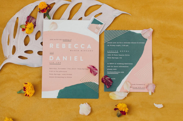 The wedding invitation suite was done with green and pik, with tropical prints and metallic touches