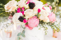 08 The centerpiece was done in creamy, blush and hot pink, with some black blooms and greenery