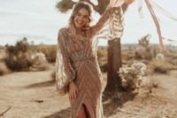 14 a taupe wedding dress with silver stripe embroidery and bell sleeves looks very chic and boho