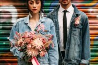 a distressed denim jacket instead of a usual blazer plus a pink floral boutonniere for a fun touch
