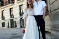 a super easy hot day groom’s look with a short-sleeve shirt, cropped black pants, shoes and sunglasses is a cool idea