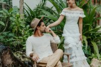 a super relaxed groom’s look with a linen long sleeve top, tan pants, brown shoes and a tan hat is a great idea for a tropical wedding