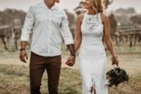 a white shirt, brown pants and brown loafers are a great and simple look for a boho wedding in any season