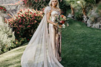 02 The bride was wearing a unique custom jumpsuit with a bustier, sequins and a long capelet with a train