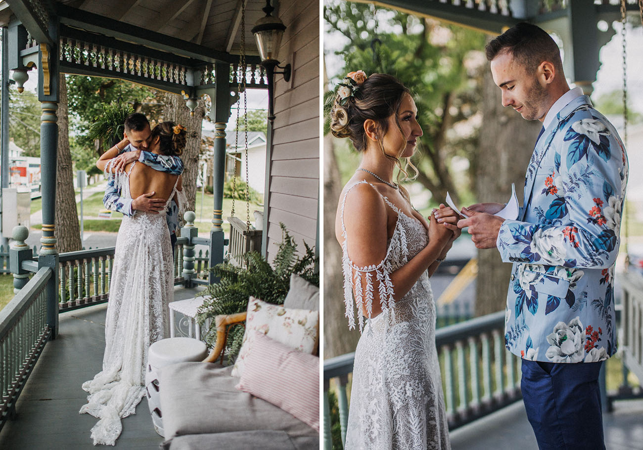 The bride was wearing a flroal lace wedding dress with a cold shoulder, a cutout back, a train, the groom was rocking navy pants, a navy tie, a floral jacket