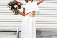 04 an ultra-modern bridal look with a plain white crop top, a polka dot midi skirt and edgy black studded shoes