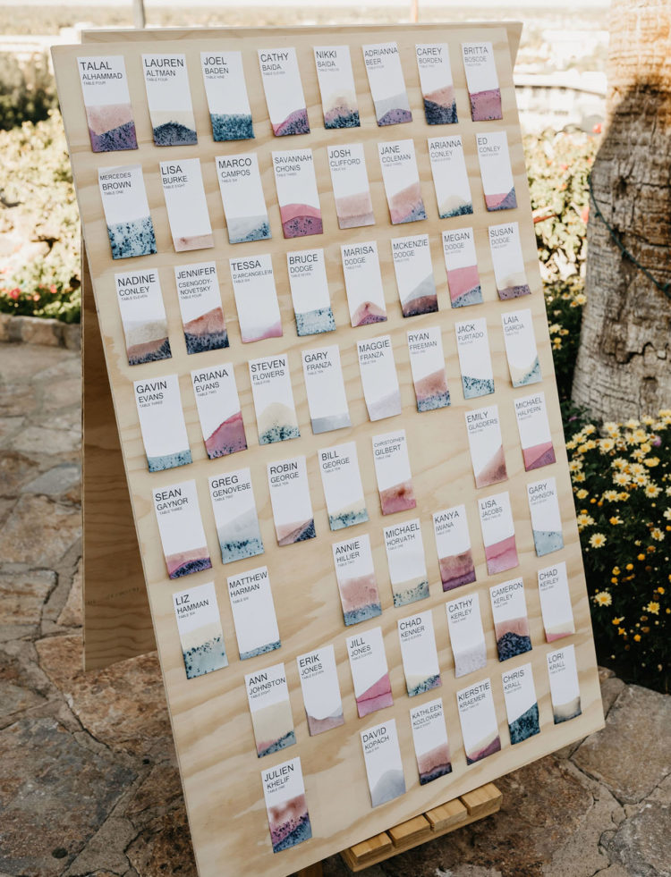 The wedding seating chart was hand-dipped and painted and looked gorgeous